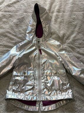 Kids Silver Metallic Hooded Jacket with Purple Lining 3T
